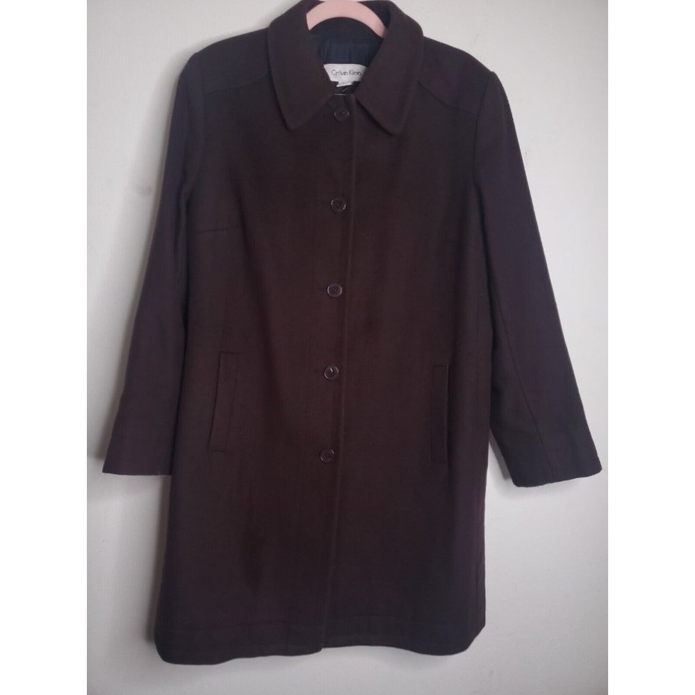 WOMEN'S CALVIN KLEIN BROWN SINGLE BREASTED PEACOAT LINED COAT SZ 14